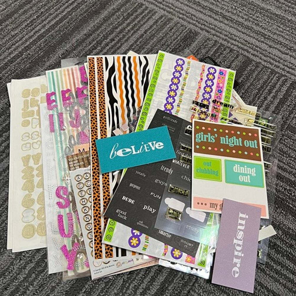 Large scrapbook lot: stickers, borders, 3D embellishment. Friends theme